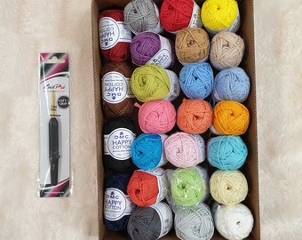 25 skeins of DMC Happy Cotton yarn + crochet hook