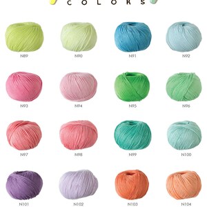 May include: A chart of 12 skeins of Natura Just Cotton Yummy yarn in various colours. The colours are: lime green, pale yellow, light blue, sky blue, pink, light pink, green, mint green, coral, light coral, lavender, and light lavender. The yarn is 100% cotton.