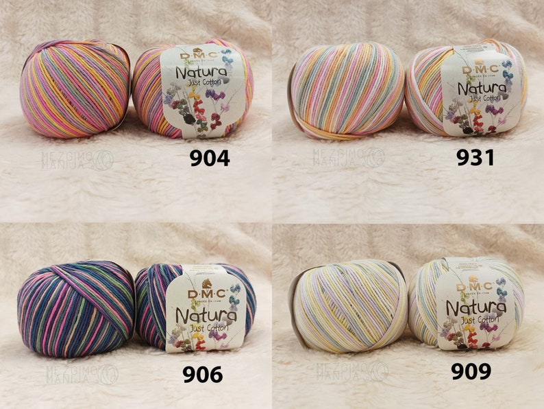May include: Four balls of DMC Natura Just Cotton yarn in various colour combinations. The balls are arranged in two rows of two. The colours include pink, yellow, blue, green, white, and purple.