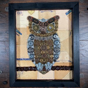 Owl button art, steampunk owl art, owl decor, steampunk gift