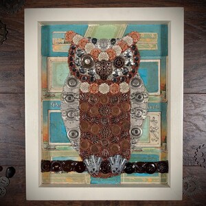 Owl button art, steampunk owl art, owl decor, steampunk gift
