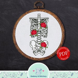 May include: A cross-stitch pattern featuring a skeleton with red roses growing from its ribcage and pelvis. The pattern is in a wooden embroidery hoop and a red circle with the text "Cross Stitch Pattern PDF Download" is in the lower right corner.