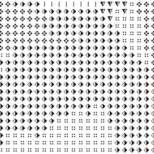 Op de afbeelding: Een zwart-wit geometrisch patroon met verschillende vormen, waaronder ruiten, vierkanten en driehoeken. Het patroon wordt herhaald over de hele afbeelding.