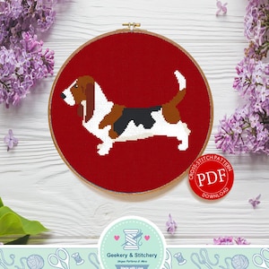 May include: A red cross-stitch pattern of a basset hound dog on a white background. The pattern is in a hoop and the text "Cross-Stitch Pattern PDF Download" is on a red circle.