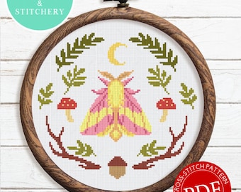 Rosy Maple Moth Counted Cross Stitch Pattern PDF