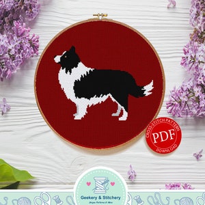 Puede incluir: Un patrón de punto de cruz de un perro border collie blanco y negro sobre un fondo rojo. El patrón está disponible para descargar en PDF. La imagen también incluye el texto "Geekery & Stitchery" y "Unique Patterns & More".