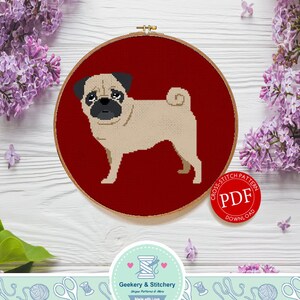 May include: A cross-stitch pattern PDF download featuring a cute pug dog on a red background. The pattern is available for instant download.