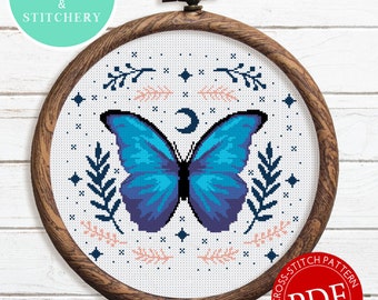 Azul Morpho Mariposa / Descarga Digital / Patrón de Punto de Cruz /