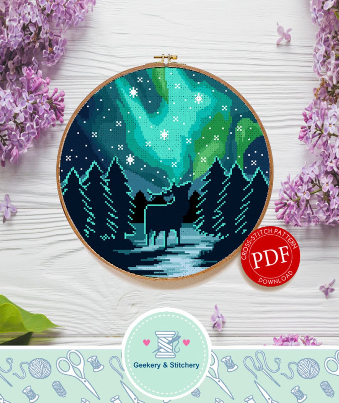 Deer in Aurora Forest | Digital Download | Round Cross Stitch Pattern ...