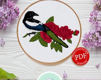 Magpie Roses  | Digital Download | Cross Stitch Pattern |