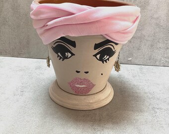 plant face  pot flower pot sassy lady bandana pink  lips diamonte sparkly earrings terracotta