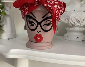 plant pot flower pot sassy lady bandana red lips diamonte sparkly earrings terracotta