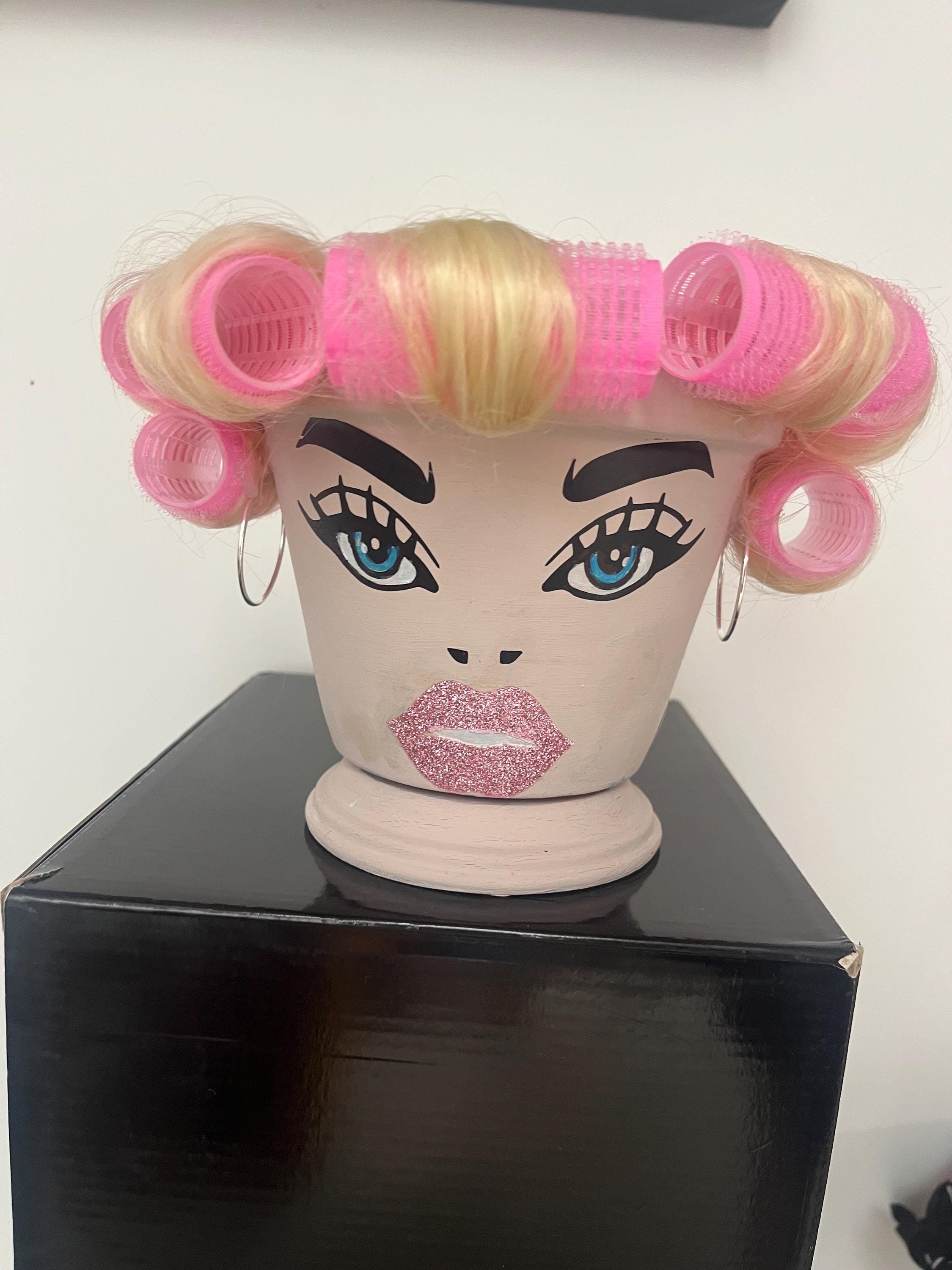 plant pot  face planter   flower pot sassy lady lips  sparkly hoop earrings hair rollers  terracotta