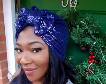 Sequin Turban hat, Red, blue  Full Turban, Stretchy  Headband, Pre tied Turban Hat, Fashion Turban,