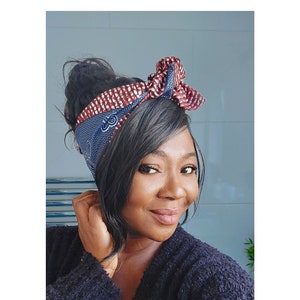 Wired wrap headband, boho Head Scarf, Dolly Bow Headband, twist Wire Headwrap, Hair Scarf, blue African print headwrap, ankara headband