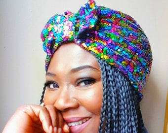 Rainbow sequin turban hat, sparkling sequin Turban, Festive Full Turban, stretchy Headband, Pre tied Turban Hat, Fashion Turban