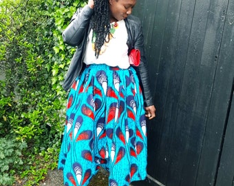 Midi skirt, peacocks feathers print blue and red, inseam pockets, 100% ankara cotton summer skirt, summer holiday full skirt