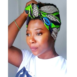 Ankara Wired Headwrap Dolly Bow Headband / Wired Headband, Head Scarf, Green brown and black/ African print, image 2