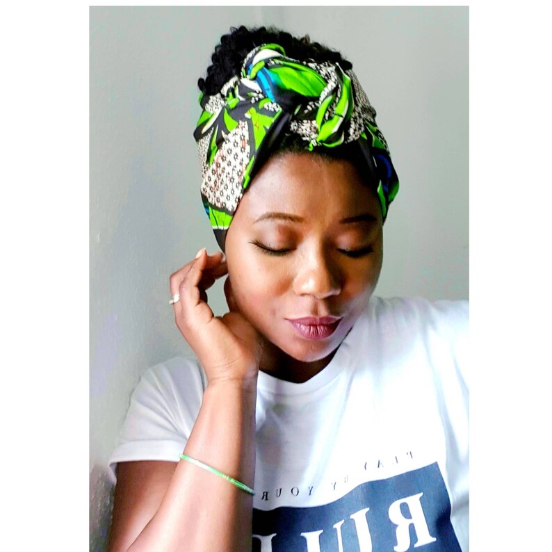 Ankara Wired Headwrap Dolly Bow Headband / Wired Headband, Head Scarf, Green brown and black/ African print, image 7