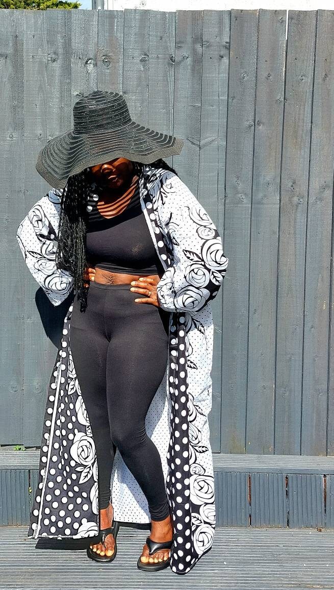 Longline Kimono Top, Black and White Oversized Wide Sleeves