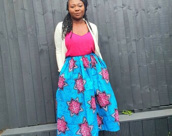 Blue & pink African print skirts with pockets, ankara  fabric midi skirt, ankara fashion clothing