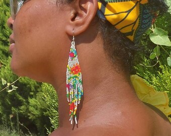 Bohemian Glass Bead Tassel Earrings, Colorful Ethnic Style