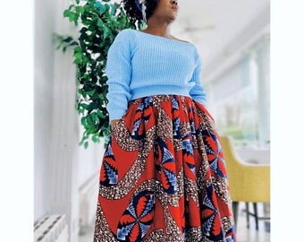 African print skirts with pockets, red and blue ankara  fabric midi skirt, ankara fashion clothing