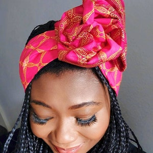 Wired wrap headband, boho Head Scarf, Dolly Bow Headband, twist Wire Headwrap, Hair Scarf, blue African print headwrap, ankara headband Pink and Gold