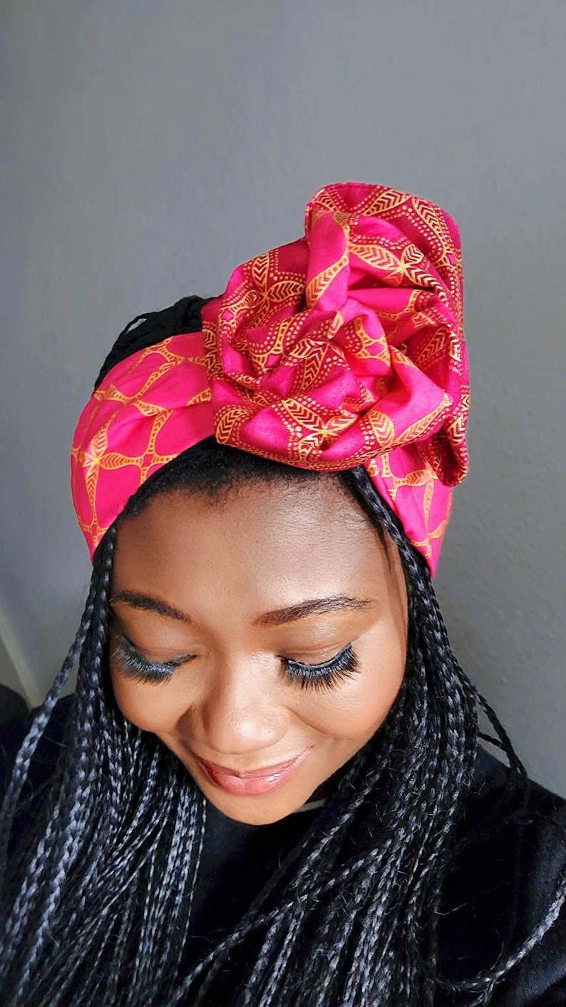 Wired wrap headband, boho Head Scarf, Dolly Bow Headband, twist Wire Headwrap, Hair Scarf, blue African print headwrap, ankara headband Pink and Gold