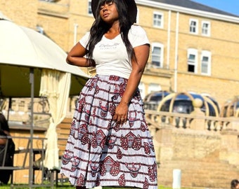 Boho-chic grey and burgundy midi skirt with pockets, zip and elasticated waistband at the back only, ankara summer skirt, women gift