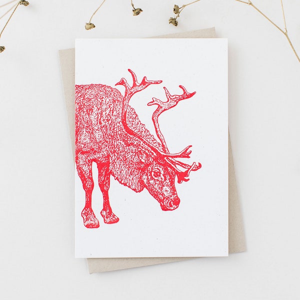 Handgedruckte Letterpress-Weihnachtskarte „Merry Reindeer“