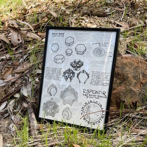 May include: A black framed poster with a white background and black ink drawings of geometric shapes. The poster includes the text "RAW RUBY (CORUNDUM)", "FACETED CITRINE", "R3PEAT-R RUBY REPEAT REFRACTOR MYST.TECH", and "FALUTED".