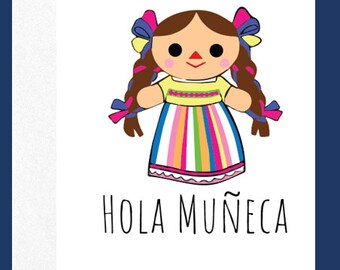 Hola Muñeca Greeting Card | Spanish Hello Card | Mexican Doll Illustration