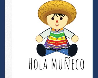 Hola Muñeco Greeting Card | Spanish Hello Card | Mexican Doll Illustration