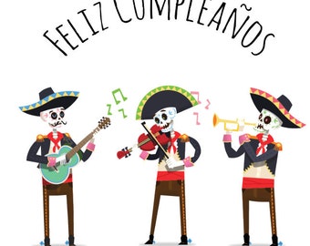 Feliz Cumpleaños Greeting Card | Spanish Birthday Card | Skeleton Mariachi Design