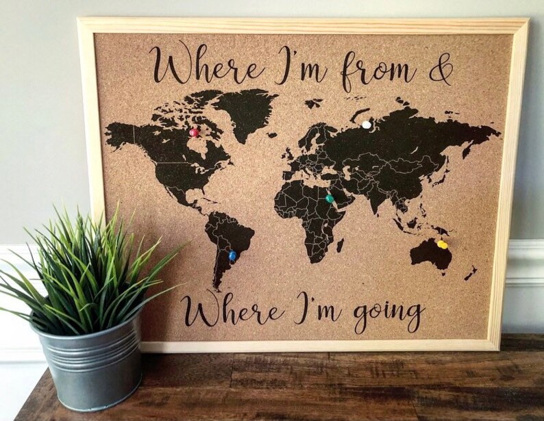 World Map Cork Board With Pinspersonalized With Quote Etsy