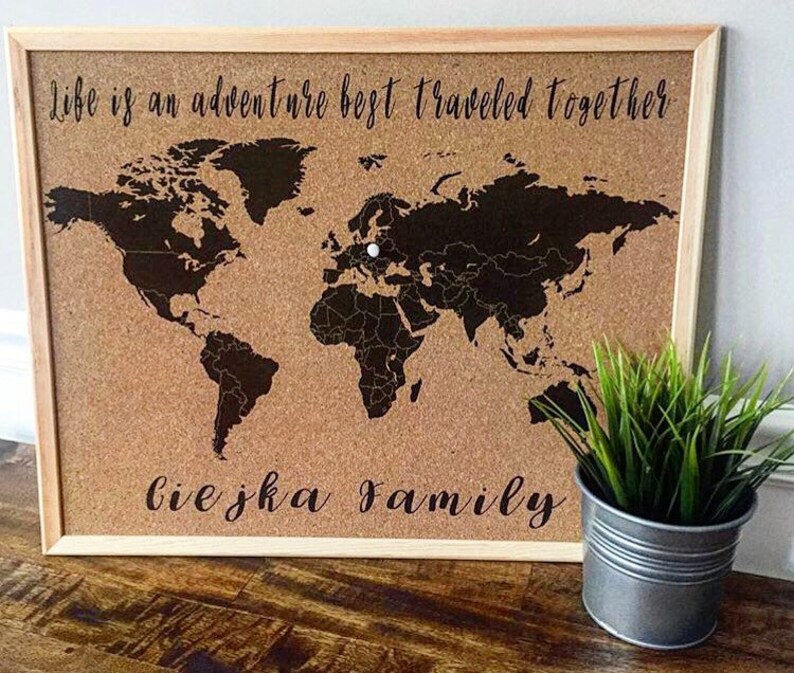 World Map Cork Board With Pinspersonalized With Quote Etsy