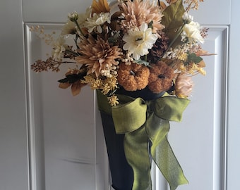 Farmhouse Fall Door Hanger: Autumn Floral Arrangement in French Bucket
