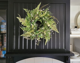 15” Mixed Fern Wreath/Candlering with Eucalyptus and Wild Cherry Branch