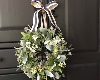 13&quot; Farmhouse Wreath with Lambs Ear, Blue Flaxseed and Queen Anne&#39;s Lace: Small Wreath, Farmhouse Wreath, Lambs Ear Wreath, Mini Wreath,