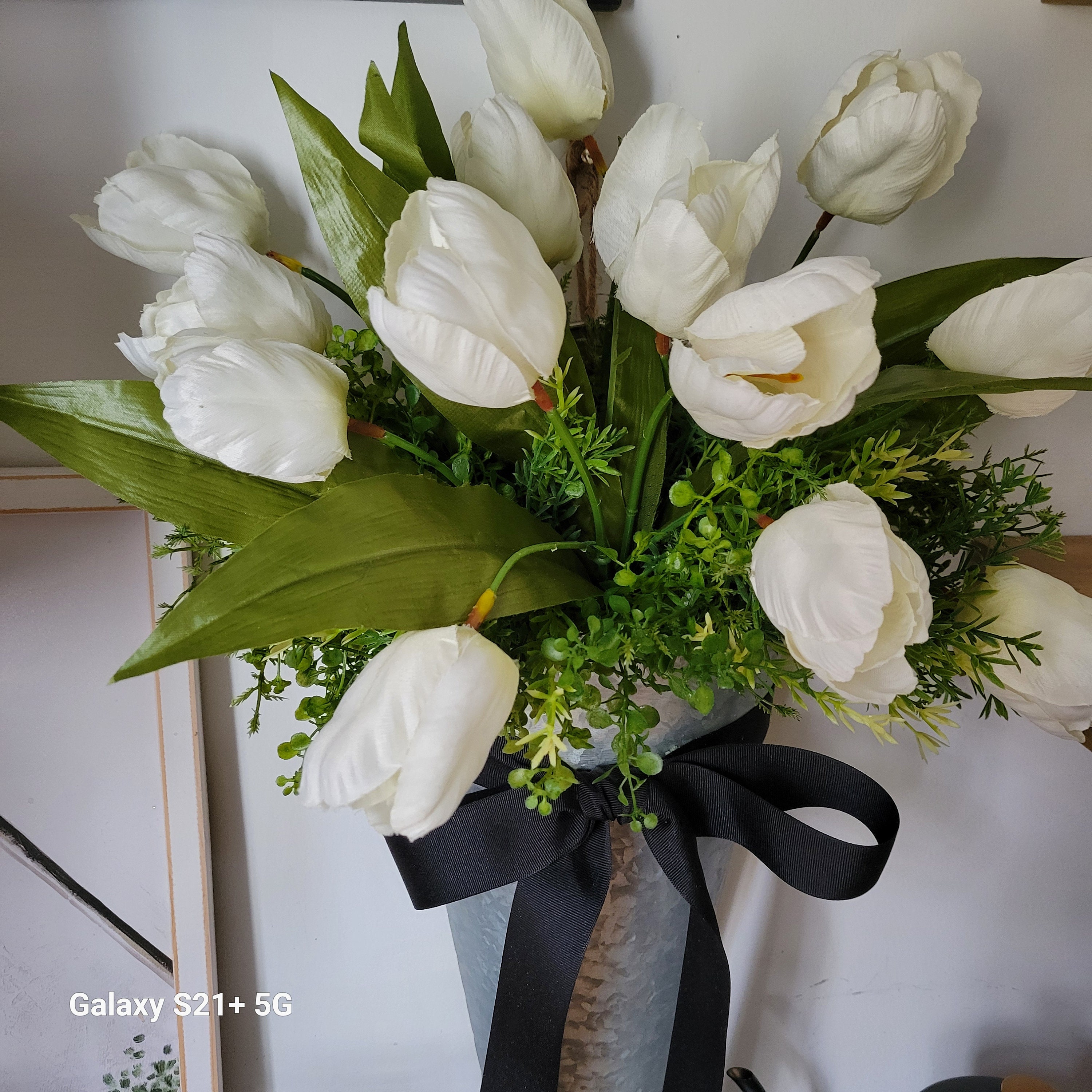 White Tulips and Herbs in French Bucket Door Hanger: Farmhouse Door Arrangement for spring into summer.
