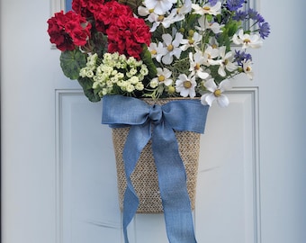 Summer Farmhouse Door Basket: Red Geraniums, White Wild Flowers and Blueberry Door Basket, Red, White and Blue Door Arrangement, New England