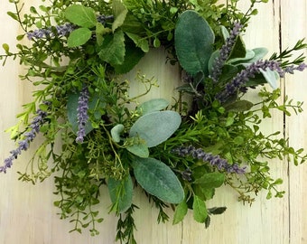 Herb Wreath: 16" Farmhouse Faux  Mixed Herb Everyday Wreath, Gift Wreath
