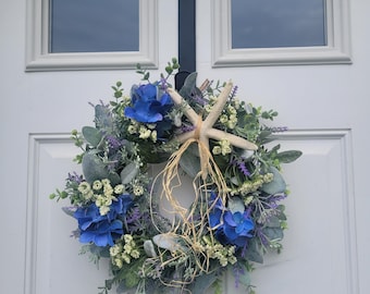 13&quot; Summer Coastal Mini Wreath with  Faux Florals: Blue Hydrangea, Lambs Ear, Sea Lavender, Wild Flowers, Blueberries and Starfish