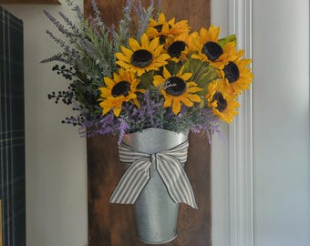 Sunflowers and Lavender in Galvanized Metal Door Bucket : Tuscan Summer Door Hanger Arrangement