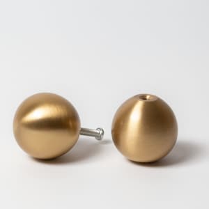 Könnte beinhalten: Zwei runde Schrankknöpfe aus gebürstetem Gold mit einer silbernen Schraube.