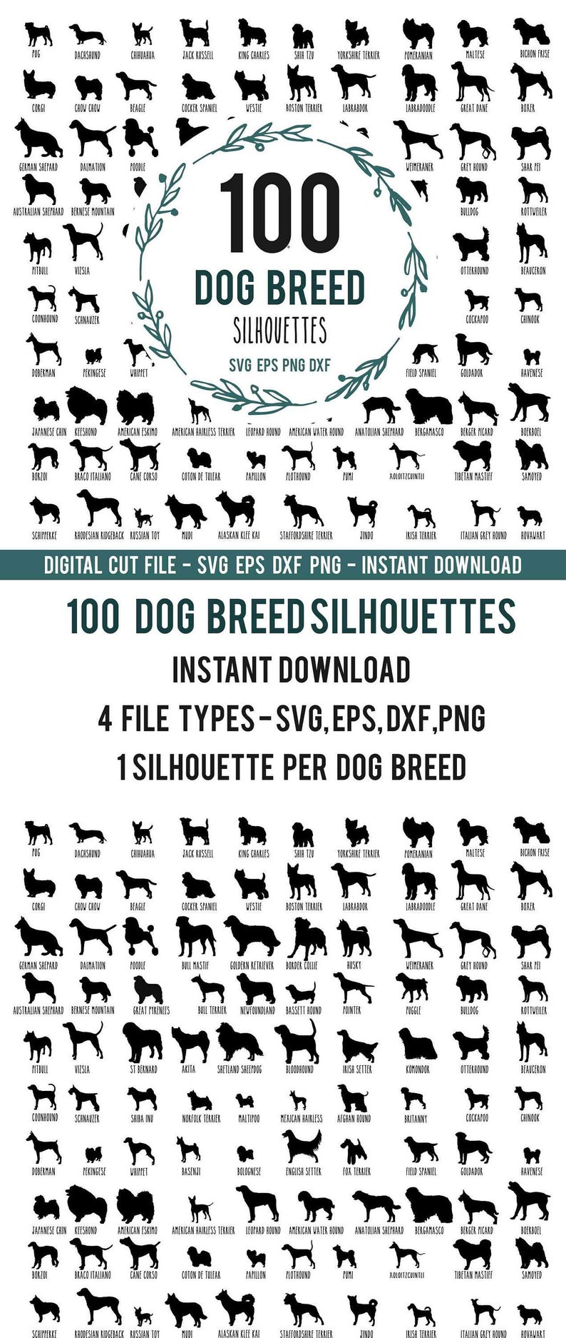 Download 100 Dog Silhouette SVG Bundle Dog Breed SVG Clipart Shapes ...