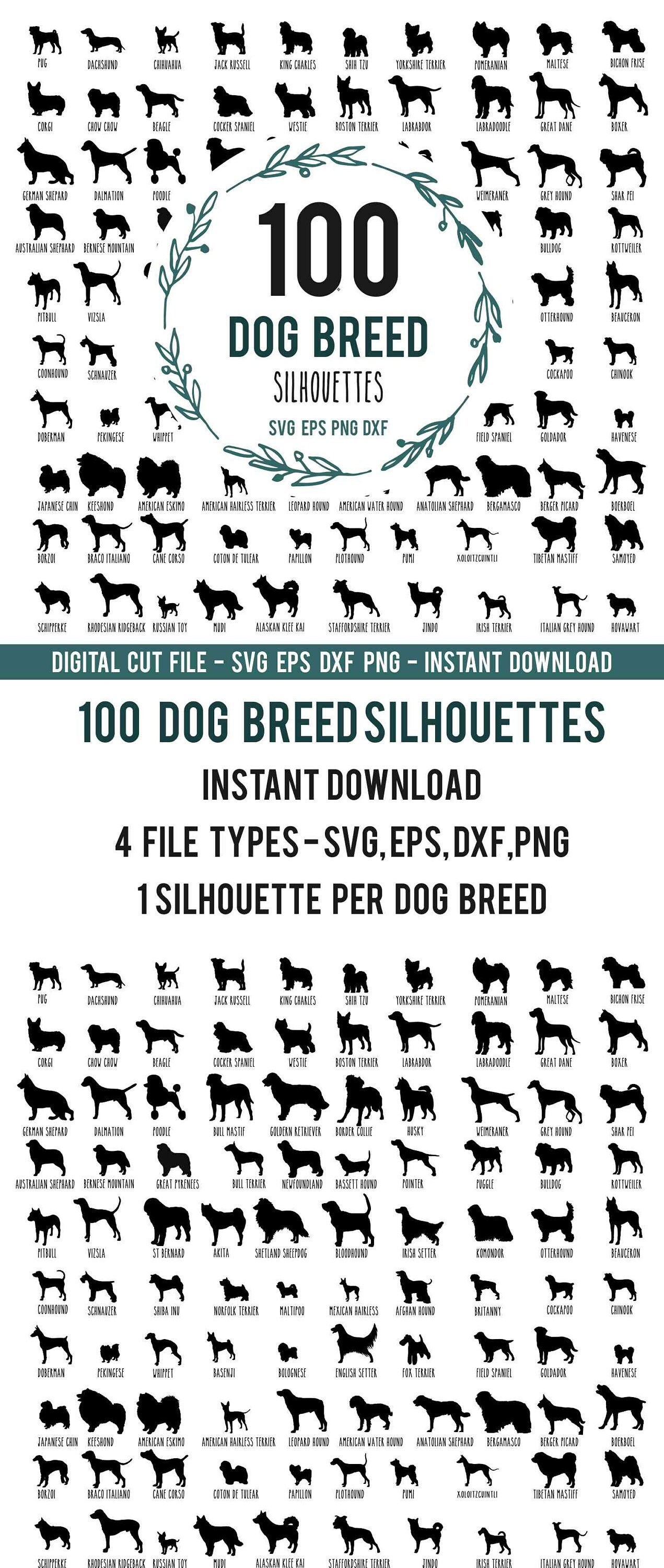 Download 100 Dog Silhouette Svg Bundle Dog Breed Svg Clipart Shapes Etsy