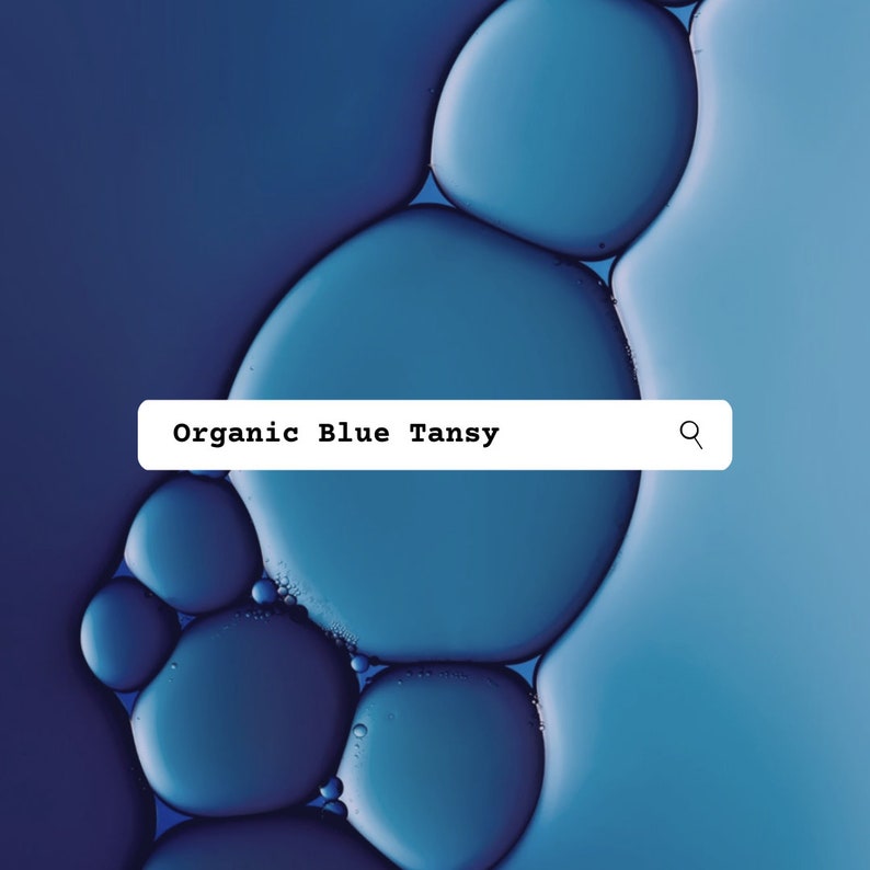 May include: Abstract blue background with overlapping circles, resembling water droplets. The text "Organic Blue Tansy" appears in a white search bar with a magnifying glass icon.