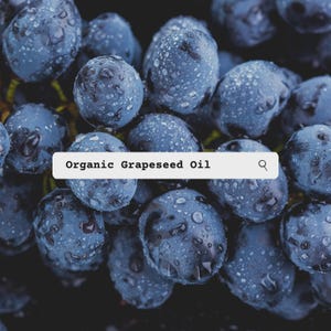 K&ouml;nnte beinhalten: Eine Traube aus dunkelvioletten Weintrauben, die mit kleinen Wassertropfen bedeckt ist. Ein wei&szlig;es rechteckiges Etikett liegt &uuml;ber der Mitte der Trauben und zeigt den schwarzen Text Organic Grapeseed Oil sowie ein kleines Lupensymbol.